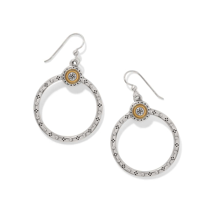 Brighton hoop drop earrings with two-tone medallion accents and dotted silver-tone circles on a white background