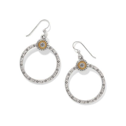 Brighton hoop drop earrings with two-tone medallion accents and dotted silver-tone circles on a white background