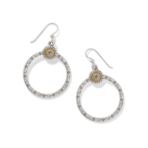 Brighton hoop drop earrings with two-tone medallion accents and dotted silver-tone circles on a white background