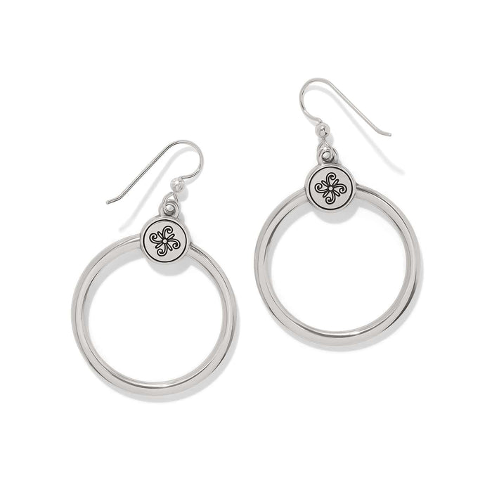 Brighton hoop drop earrings with silver-tone rings and engraved floral medallion accents on a white background
