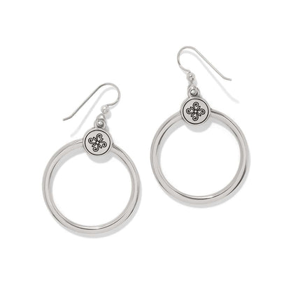 Brighton hoop drop earrings with silver-tone rings and engraved floral medallion accents on a white background