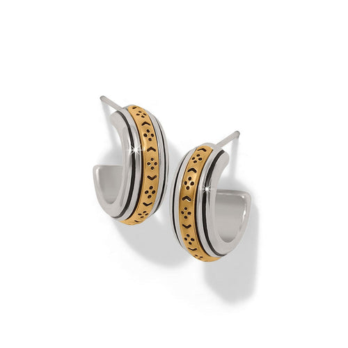 Brighton hoop earrings with two-tone silver and gold finish featuring engraved decorative pattern on a white background