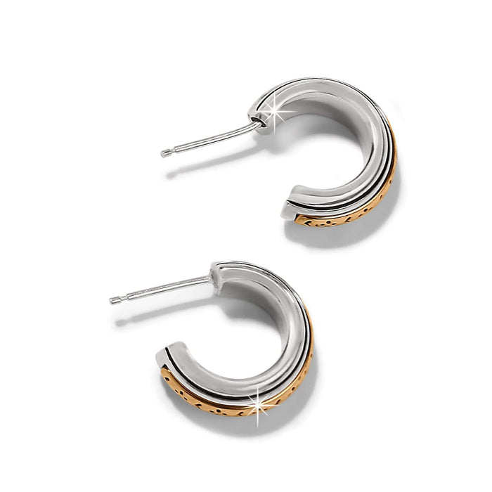 Brighton hoop earrings with two-tone silver and gold finish and post backs on a white background