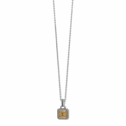 Brighton pendant necklace with two-tone square charm featuring gold decorative motif on silver-tone chain on a white background
