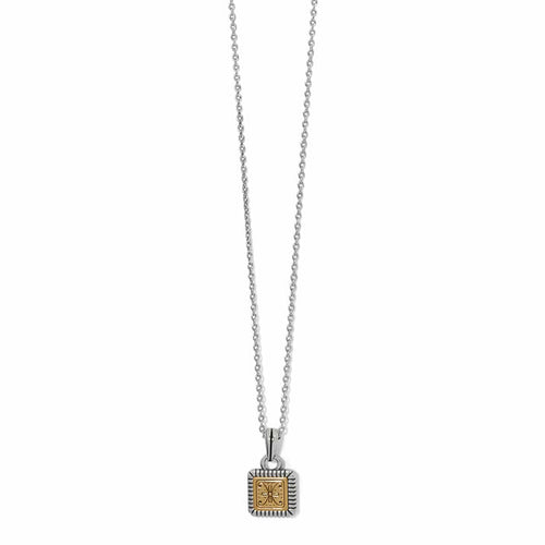 Brighton pendant necklace with two-tone square charm featuring gold decorative motif on silver-tone chain on a white background