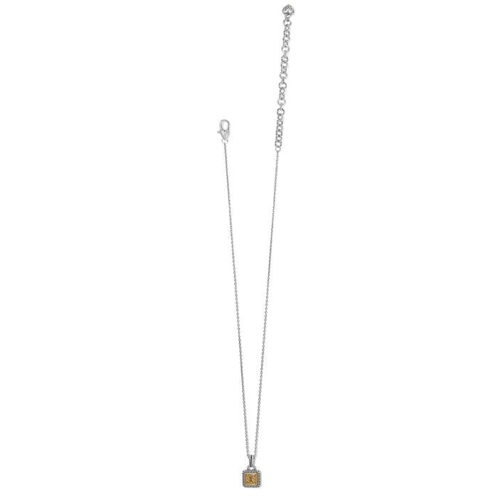 Brighton pendant necklace with two-tone square charm and silver-tone chain with extender clasp on a white background