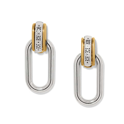 Brighton drop earrings with two-tone oval link design and floral-engraved silver bar accents on a white background