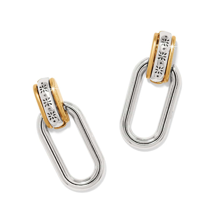 Brighton drop earrings with two-tone silver and gold oval links and floral engraved detail on a white background