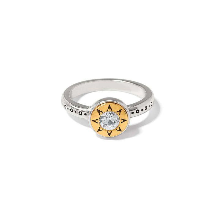 Brighton ring with two-tone silver band and gold sunburst medallion centered with a crystal on a white background