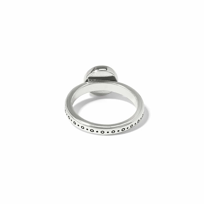Brighton ring shown from the back with two tone band and dotted circle engraved detailing on a white background