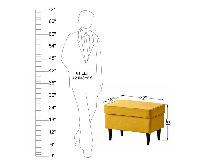 Mustard Fabric Ottoman with Wooden Legs and Rectangular Footstool for Living Room
