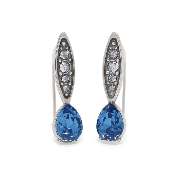 Brighton drop earrings with blue teardrop crystals and silver-plated accents set with smaller crystals on a white background