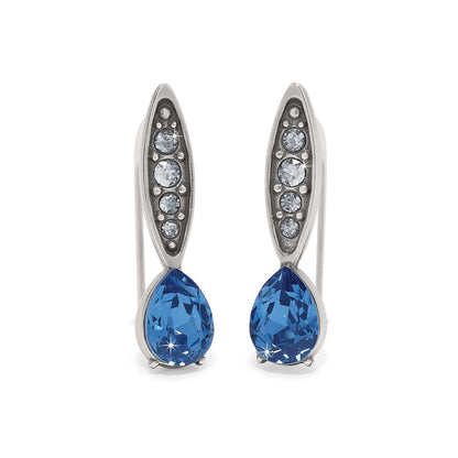 Brighton drop earrings with blue teardrop crystals and silver-plated accents set with smaller crystals on a white background