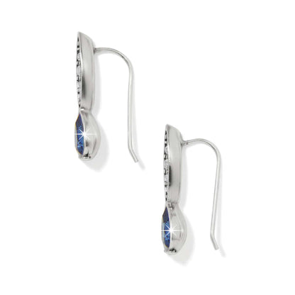 Brighton drop earrings with blue teardrop crystals and silver-plated hook settings on a white background