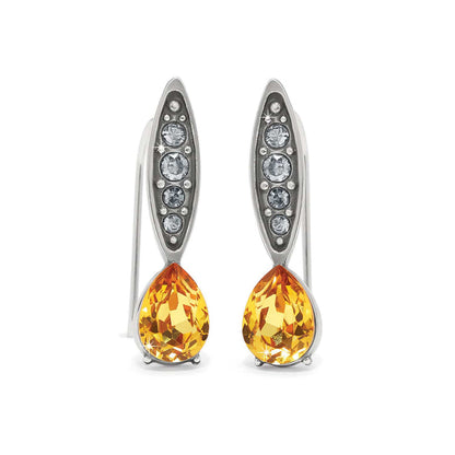 Brighton drop earrings with yellow teardrop crystals and silver-plated tops set with clear crystals on a white background