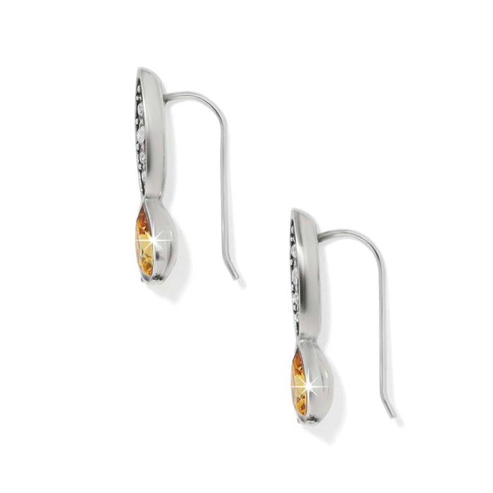 Brighton drop earrings with teardrop yellow crystals, silver-plated finish, and small accent crystals on a white background