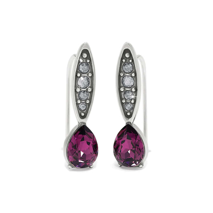 Brighton drop earrings with purple teardrop crystals and silver-plated accents set with clear crystals on a white background