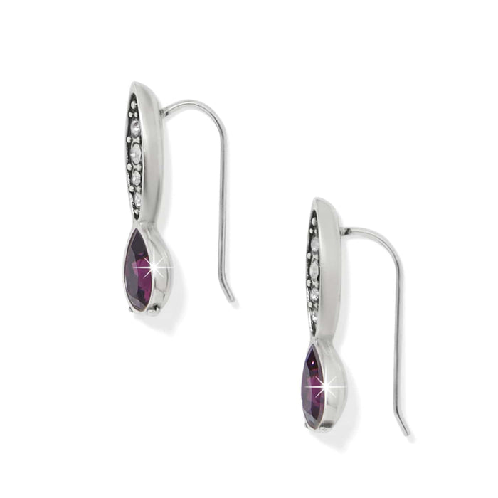 Brighton drop earrings with purple teardrop crystals and silver-plated accents featuring small crystal details on a white background