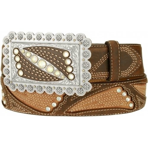 Brighton brown leather belt with ornate silver-tone rectangular buckle and crystal-studded accents on a white background