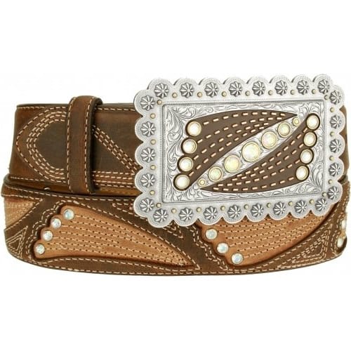 Brighton brown leather belt with ornate silver-tone buckle, crystal accents, and decorative stitching on a white background