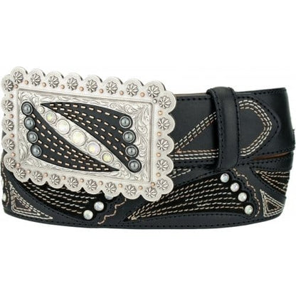 Brighton black leather belt with large silver-tone engraved buckle, beaded accents, and decorative stitching on a white background