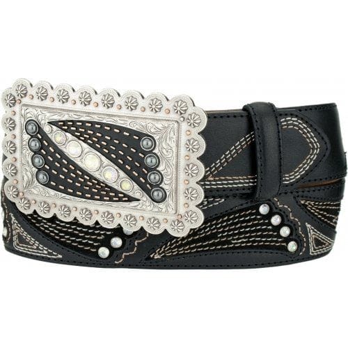 Brighton black leather belt with ornate silver-tone concho buckle, decorative stitching, and crystal accents on a white background