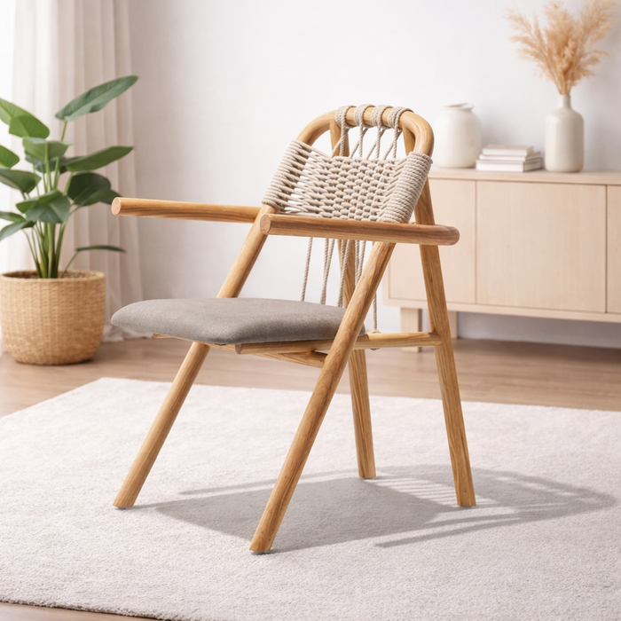Natural Linen Accent Chair with Solid Wood Frame & Woven Back Design