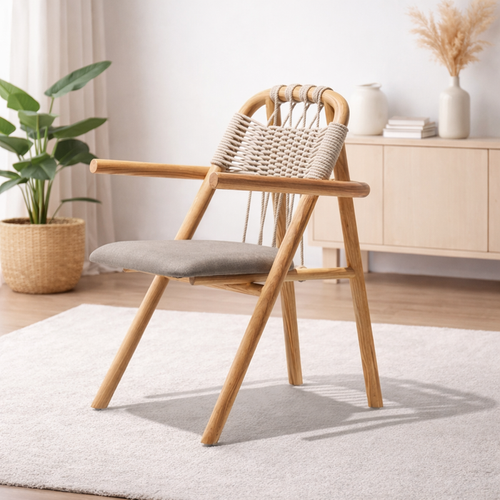 Natural Linen Accent Chair with Solid Wood Frame & Woven Back Design