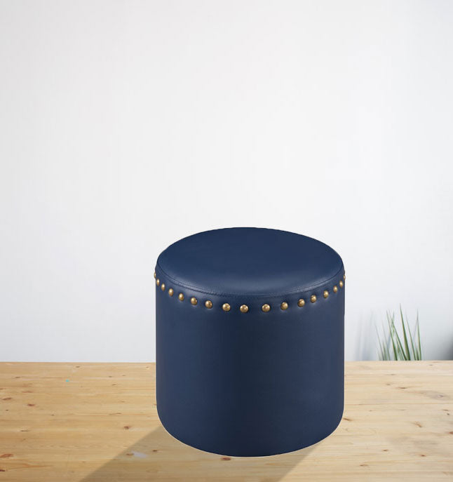 Navy Blue Faux Leather Pouffe with Gold Studs with Stylish Round Footrest and Extra Seating for Any Room