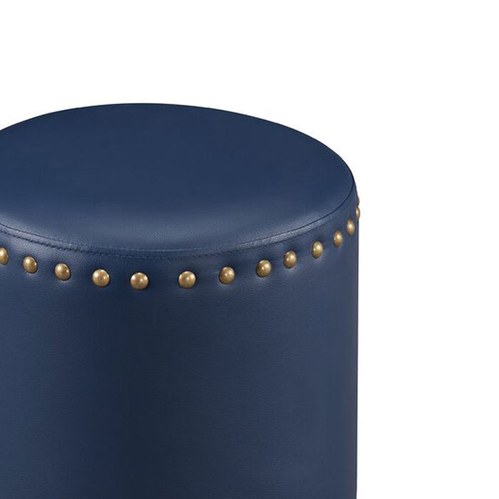 Navy Blue Faux Leather Pouffe with Gold Studs with Stylish Round Footrest and Extra Seating for Any Room