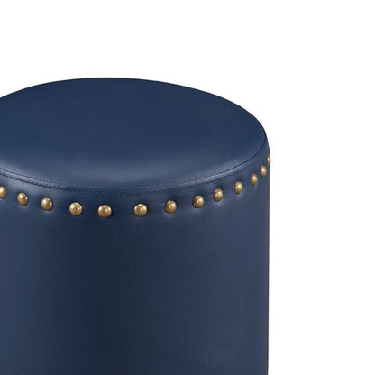 Navy Blue Faux Leather Pouffe with Gold Studs with Stylish Round Footrest and Extra Seating for Any Room