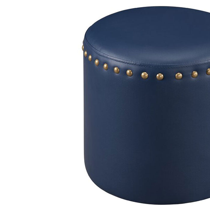 Navy Blue Faux Leather Pouffe with Gold Studs with Stylish Round Footrest and Extra Seating for Any Room