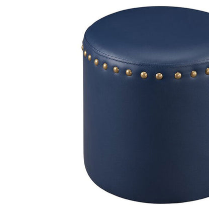 Navy Blue Faux Leather Pouffe with Gold Studs with Stylish Round Footrest and Extra Seating for Any Room