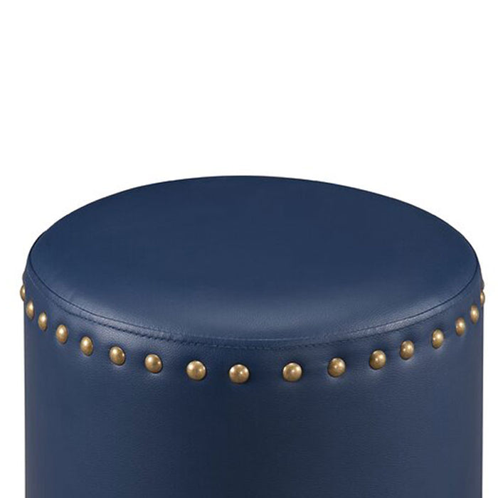 Navy Blue Faux Leather Pouffe with Gold Studs with Stylish Round Footrest and Extra Seating for Any Room