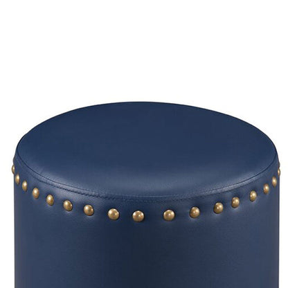 Navy Blue Faux Leather Pouffe with Gold Studs with Stylish Round Footrest and Extra Seating for Any Room