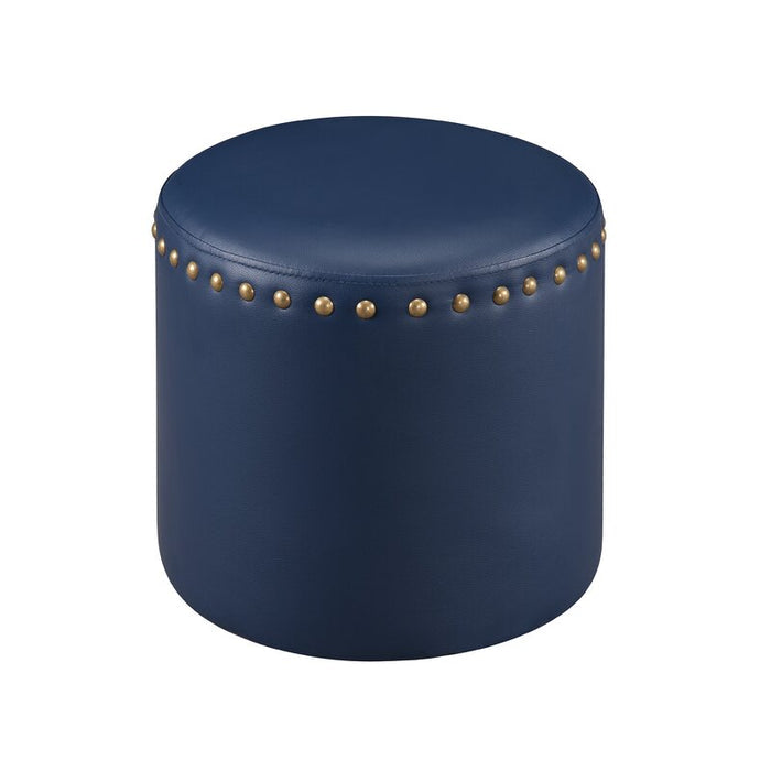Navy Blue Faux Leather Pouffe with Gold Studs with Stylish Round Footrest and Extra Seating for Any Room