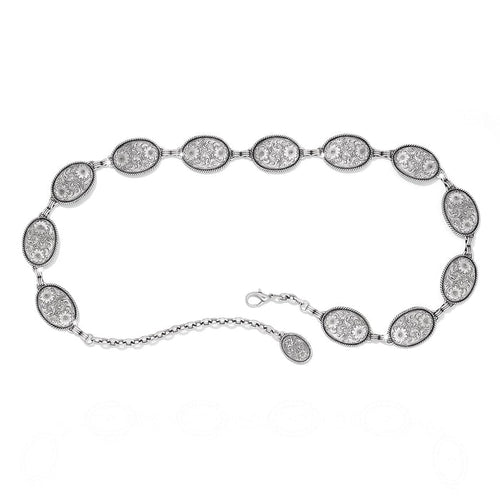 Brighton chain belt with oval silver-tone engraved floral concho links and lobster clasp closure on a white background