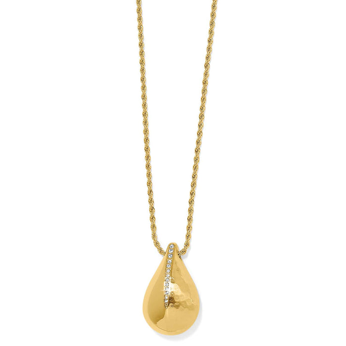 Brighton pendant necklace with gold-plated teardrop pendant, crystal accent stripe, and rope chain on a white background