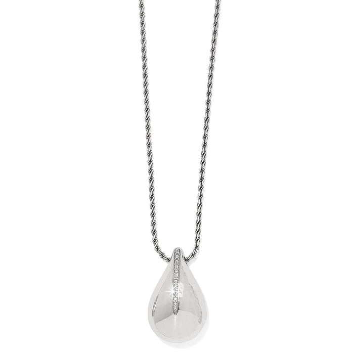 Brighton pendant necklace with silver-plated teardrop pendant, crystal accents, and rope chain on a white background