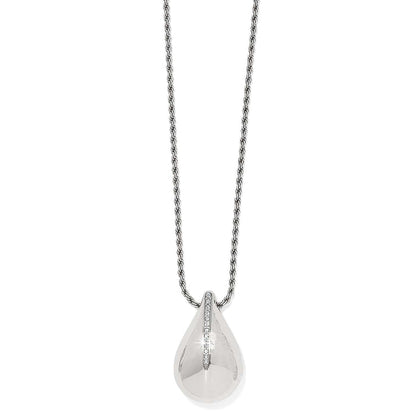 Brighton pendant necklace with silver-plated teardrop pendant, crystal accents, and rope chain on a white background
