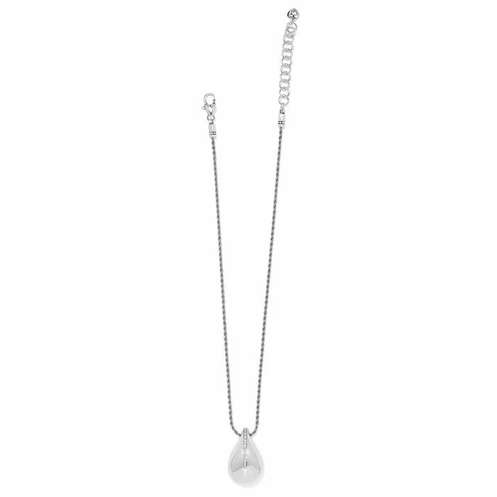 Brighton teardrop pendant necklace with silver-plated finish, crystal accents, rope chain, and adjustable extender on a white background