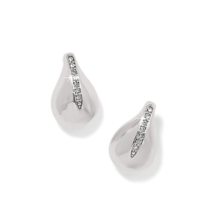 Brighton stud earrings with silver-plated teardrop shape and crystal accents along the center on a white background