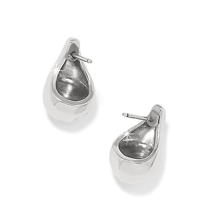 Brighton teardrop earrings with polished silver-plated finish and post backs shown from two angles on a white background