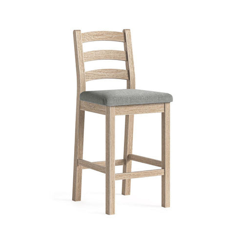 Wooden bar stool with a gray cushion on a white background