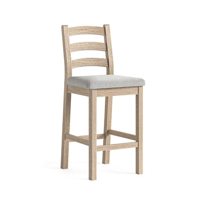 Wooden bar stool with a beige cushion on a white background