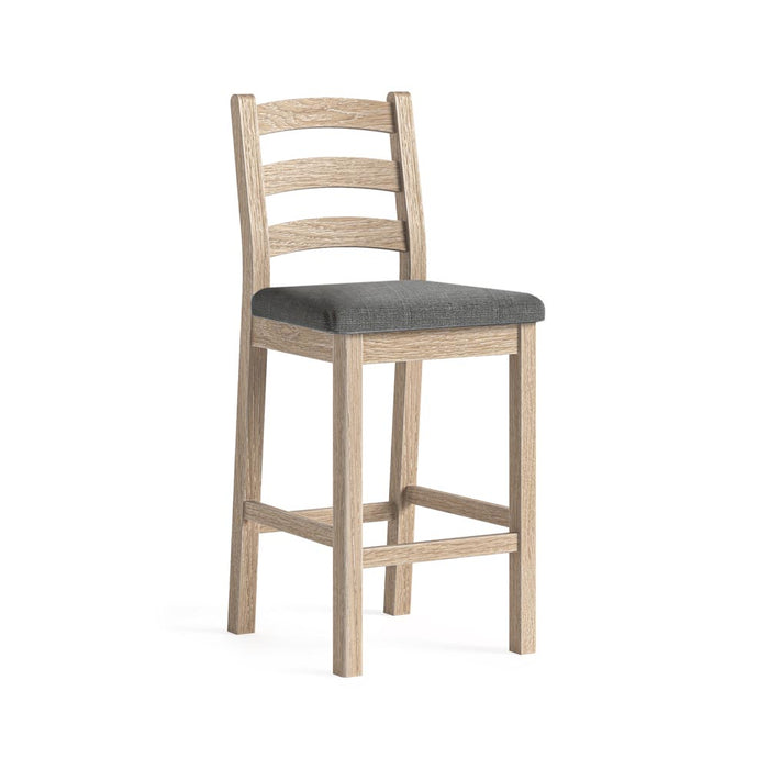 Wooden bar stool with a charcoal grey cushion on a white background