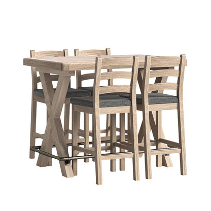 Wooden bar table with four matching bar stools on a white background
