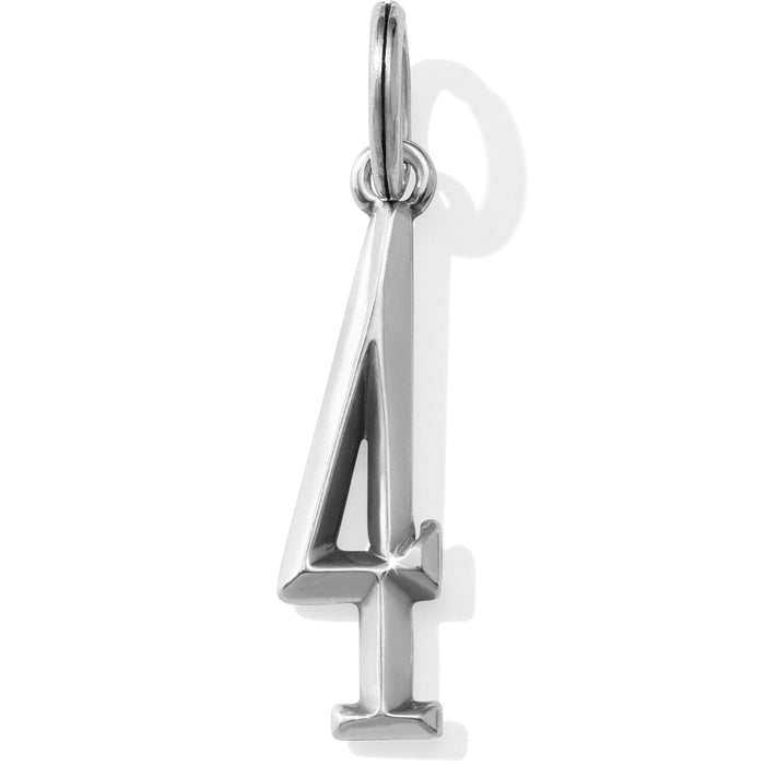 Brighton number four charm with silver-plated finish and top loop for attaching to jewelry on a white background