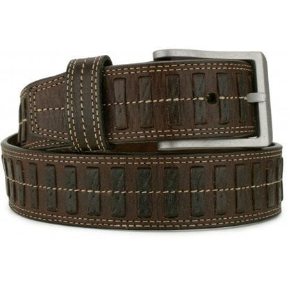Brighton brown leather belt with woven bar detailing, contrast stitching, and silver-tone buckle on a white background