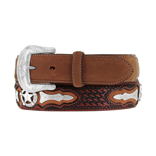Brighton leather belt with silver-tone engraved buckle, star concho, and basketweave tooled detailing on a white background
